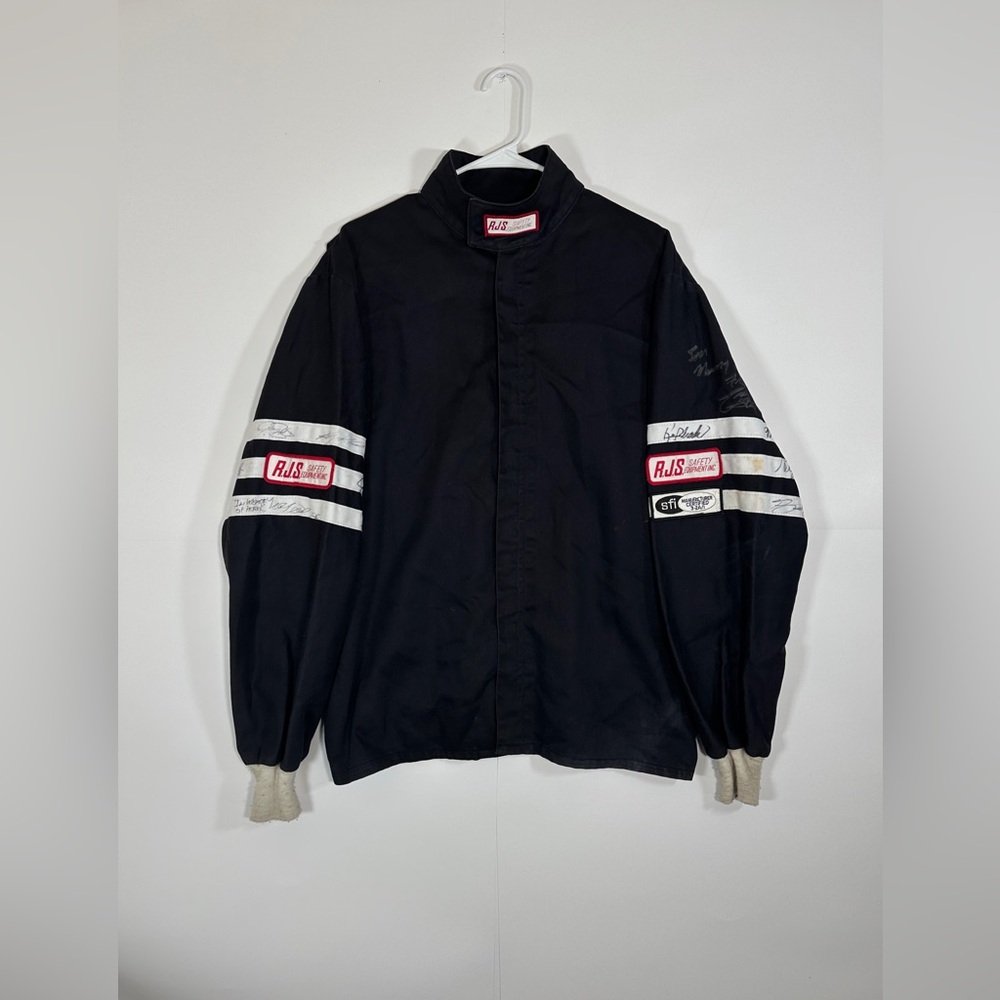 Vintage RJS Racing Equipment Mens Black Jacket Zip-Up Embroidered Signed 1990s